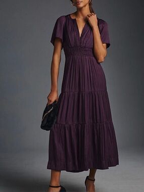 Anthropologie Somerset Maxi Dress Long Tiered Silky Satiny Dark Purple 2X